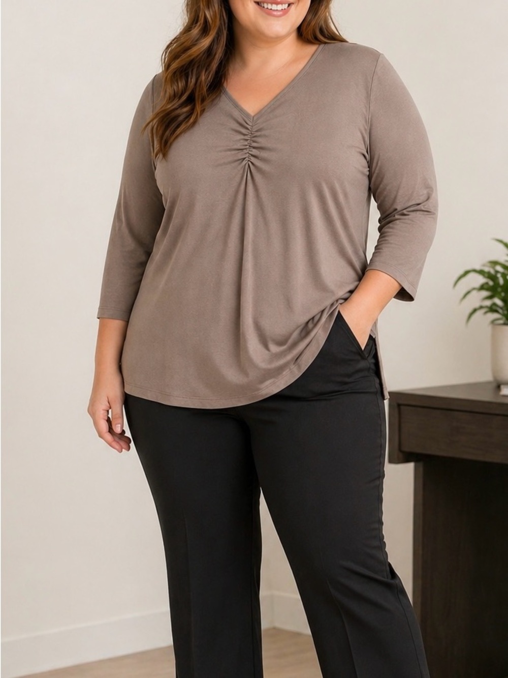 Susan Graver QVC Taupe Ruched Front Top 1X 3/4 Sleeve Stretch Blouse Minimalist